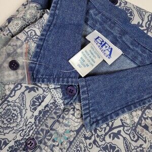 BFA Classics Shirt Womens 3XL Blue Patchwork Paisley Button Front Chambray Denim